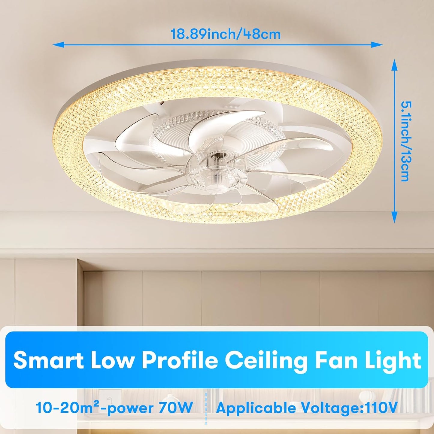 Led Smart Ceiling Fans with Light 19 Inch, Modern Ceiling Fan Lights with Remote Control, Reversible Fan/3 Color Temperature/6 Speed, Dimmable LED Fan Light with Timer for Living Room Bedroom