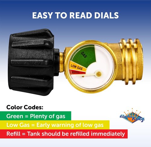 Flame King Propane Tank Gauge - Color-Coded Gas Pressure Meter | Glows in The Dark, Solid Brass (2-Pack)