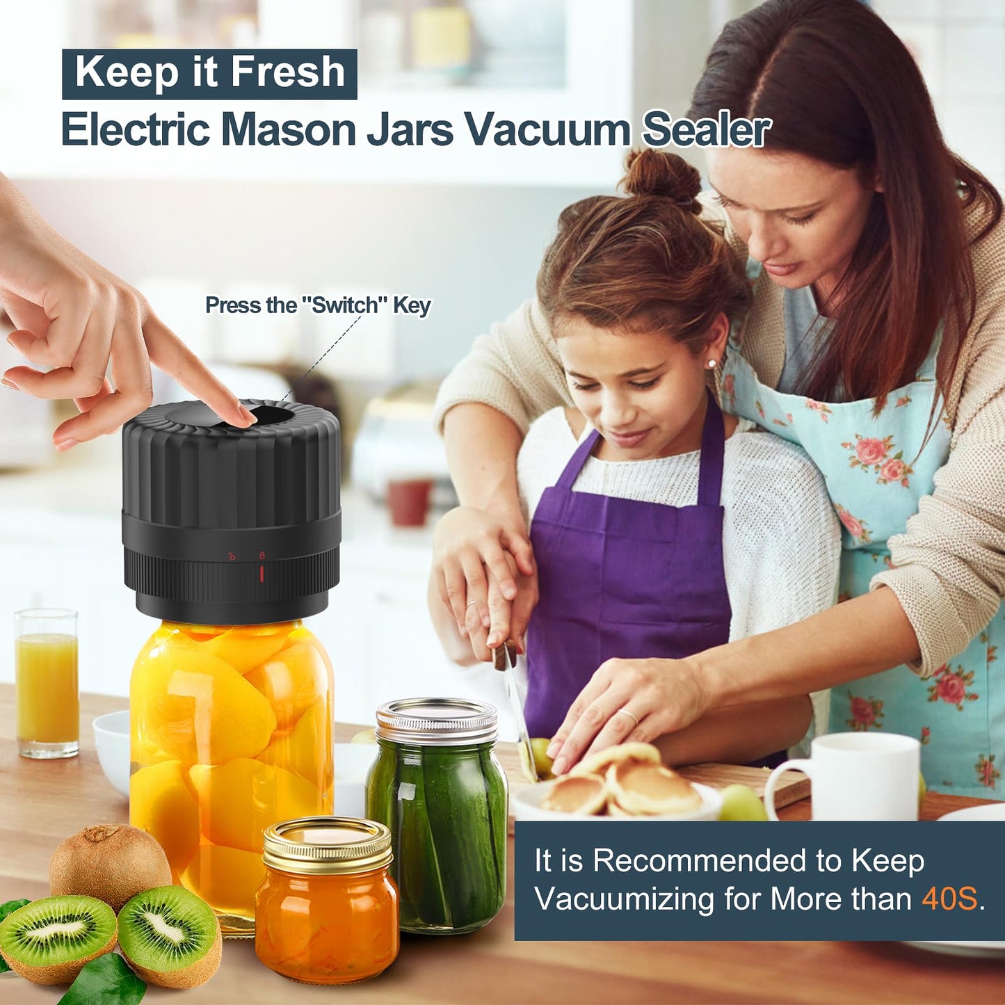 Electric Mason Jar Vacuum Sealer for Cannning&Food Storage,Led Display,All-in-One Mason Jars Vacuum Sealer Kit for Wide Mouth&Regular Mouth Jars,Cordless Vacuum Sealer for Kitchen Supplies-8 Jar Lids