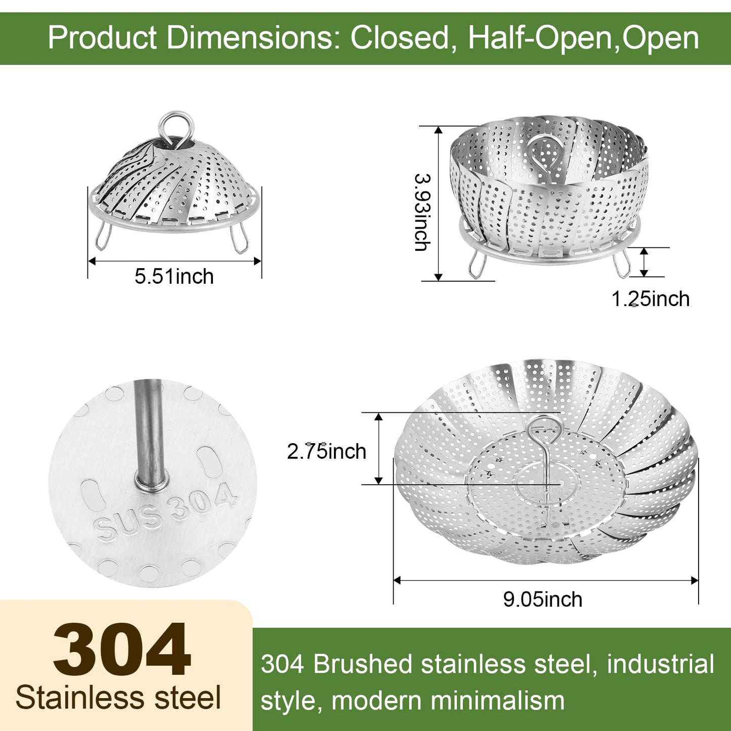 Steamer Basket for Cooking – Premium 304 Stainless Steel Steamer Basket, 3rd Gen Folding Expandable Steamers, Suitable for Cookware Pot, Fit for Fish Vegetables Pasta Eggs (Small (5.5“ to 9.05”))
