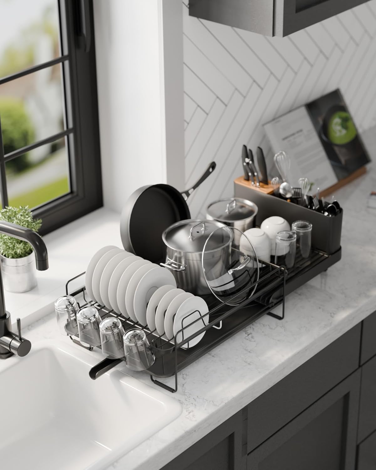 Kitsure Large Dish Drying Rack - Extendable Multifunctional Kitchen Rack with Anti-Rust Design | 19.2"-26.7" L x 12.9" W, Black