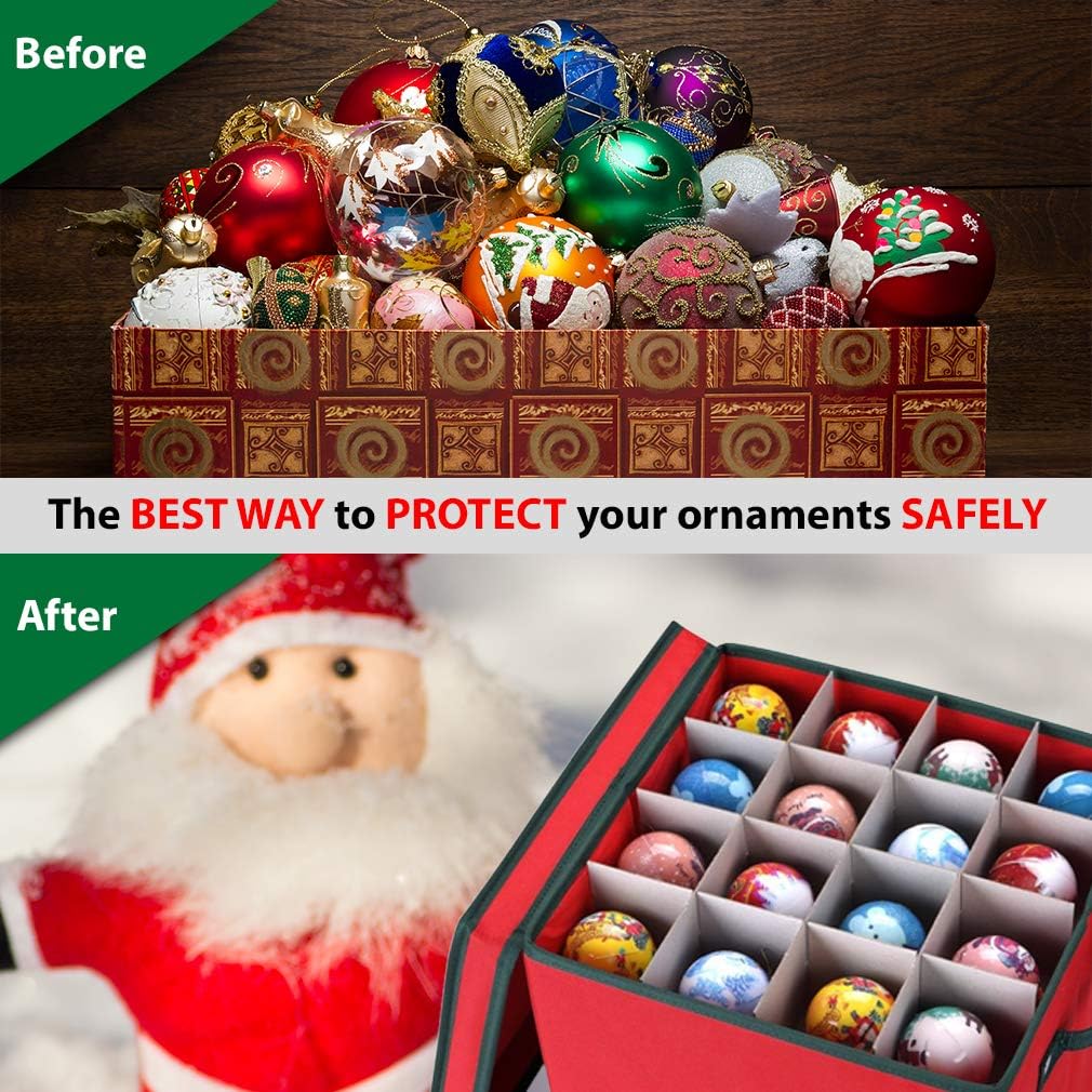Christmas Ornament Storage Box - Holds 64 Ornaments, 4 Trays & Dividers, Durable 600D Oxford - Holiday Decoration Organizer (Green)