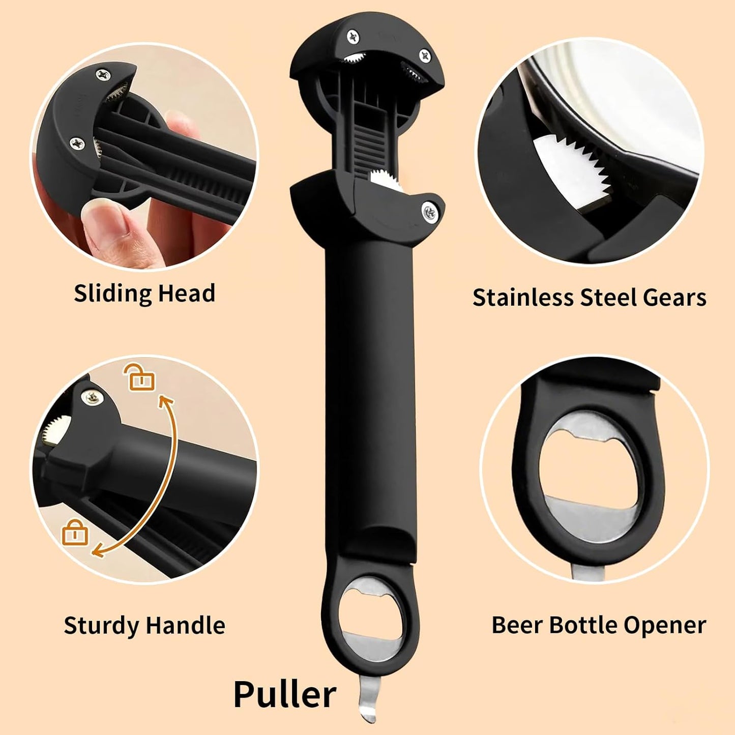 Skiennix 7-in-1 Jar Opener - Multifunctional Magnetic Bottle & Can Opener for Seniors | Black