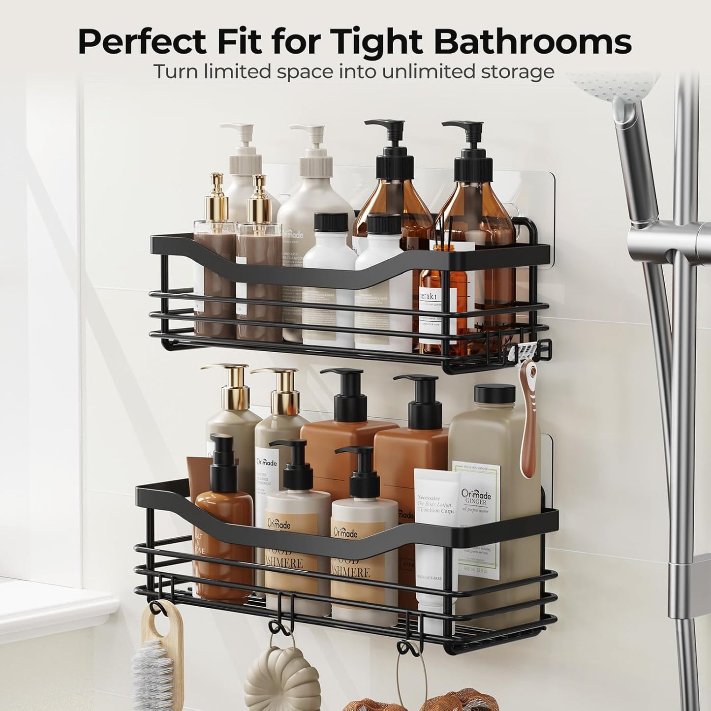 Orimade Shower Caddy Shelf - Rust Resistant Wall Mounted Organizer with 5 Hooks | 2 Pack, Black