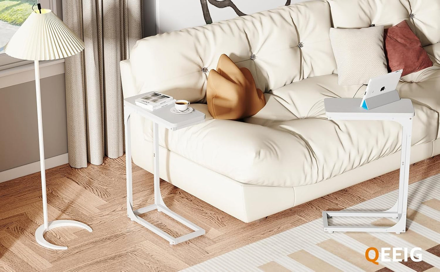 QEEIG Narrow C Shaped Side Table Set of 2 - Slim Modern Couch Tray Tables | White, 7-Inch Width