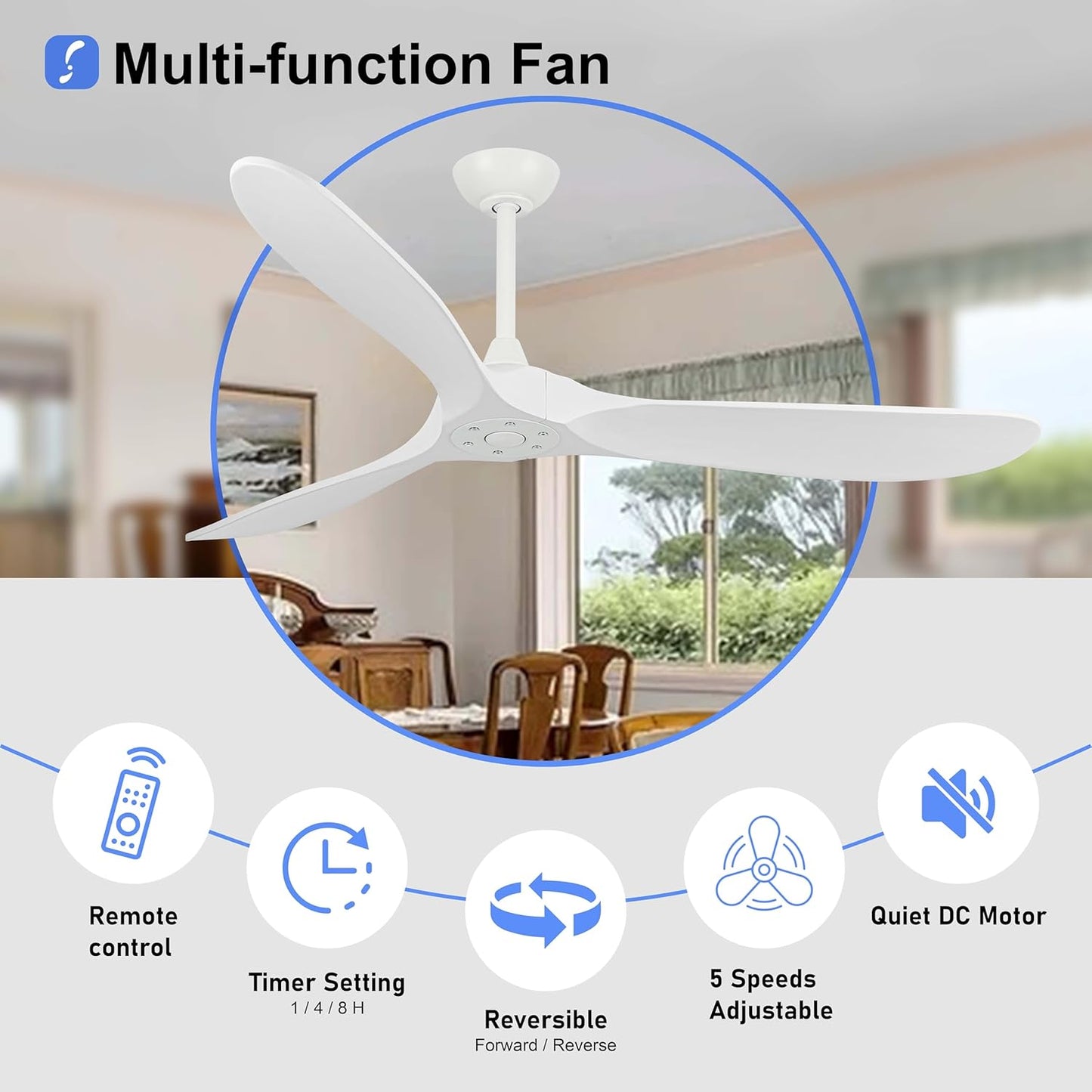 60 inch Ceiling Fans Without Lights, Wet Rated Outdoor Ceiling Fans with 3 Wood Blades, for Patios Outside Porch, Noiseless Reversible DC Motor and Remote, for Outdoor Indoor,Black