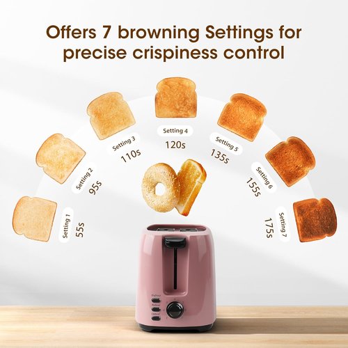 iSiLER 2-Slice Toaster - 1.3-Inch Wide Slot Bagel Toaster with 7 Shade Settings & Removable Crumb Tray | Pink