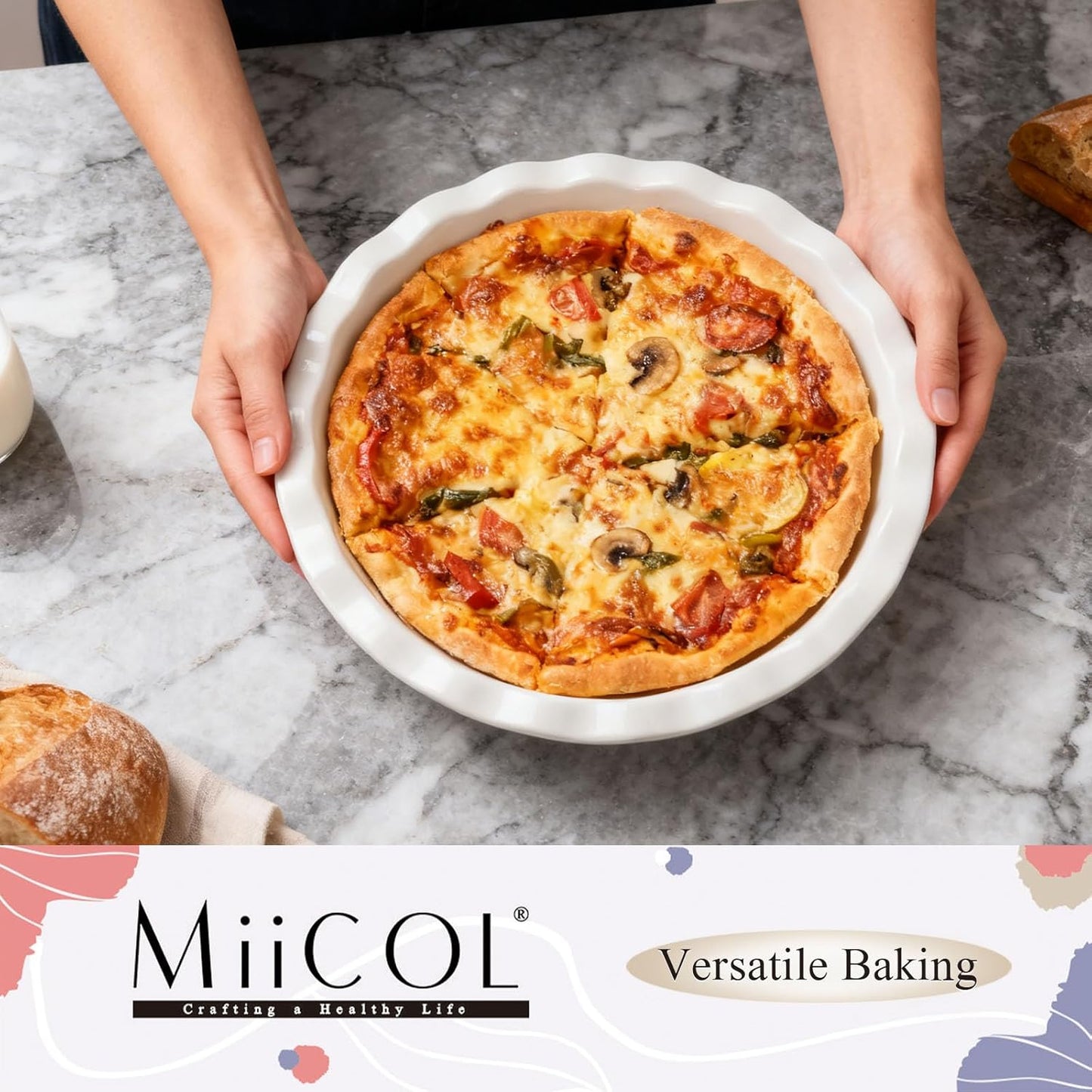Miicol White Ceramic Pie Pan - 9 Inch Round Baking Dish with Ripple Edge | 50 oz Capacity for Quiche & Pies