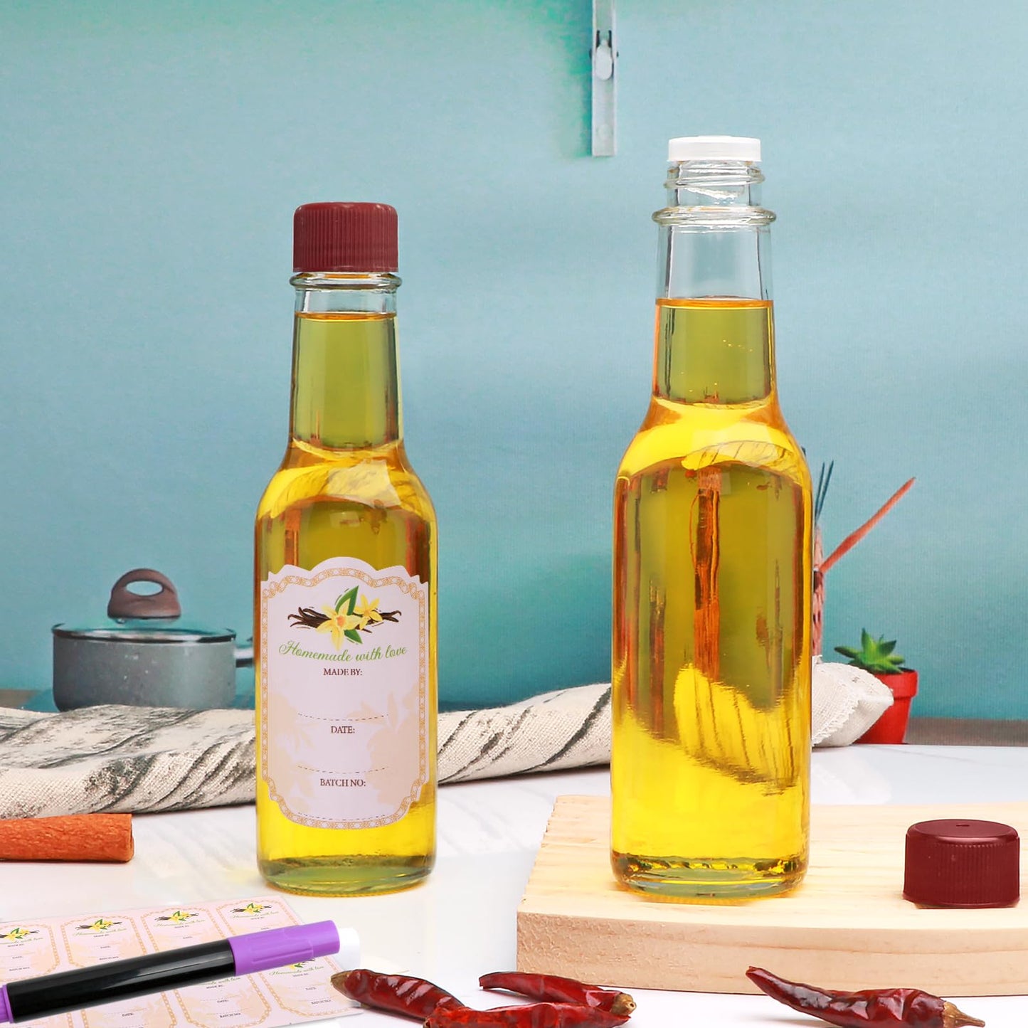 Brajttt 16 pcs 5oz Vanilla Extract Bottles for Homemade,Clear Woozy Bottles with Red Cap,Mini Oil Bottle with Shrink Band for Kitchen,Home Brewing Wine, Sauces and Beverages