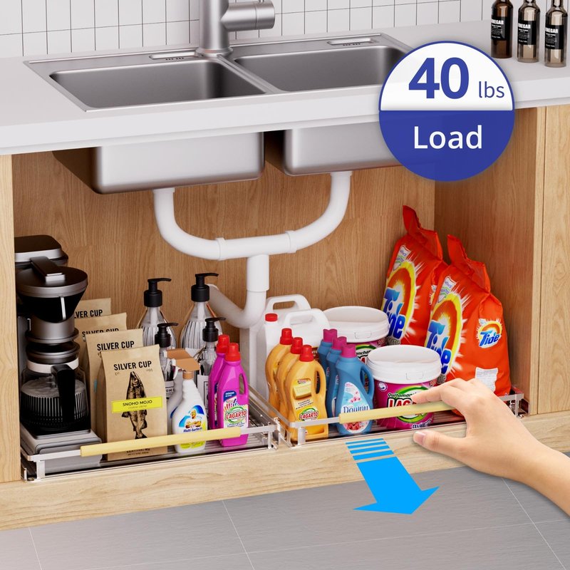 KIKIBRO Expandable Pull Out Drawer Cabinet Organizer, Adjustable Width Bottom-Mounted Slide Out Storage Shelves for Cabinets, Required Cabinet Size (W: 10.16"~16.36", D≥22.5"), 1 Pack