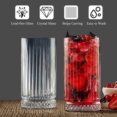 GYRUT Tall Drinking Glasses Set of 4-16oz Glass Cups for Kitchen - Elegant Highball Glassware for Water, Ice Coffee, Cocktail, Cold Beverage