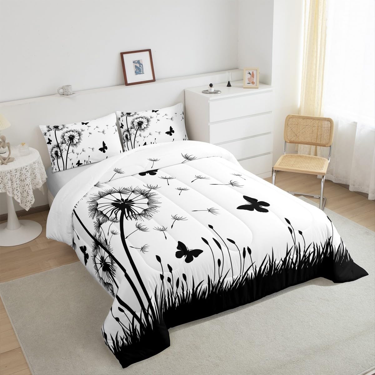 Homewish Dandelion Comforter Set Queen Size,Rustic Natural Bedding Set 3pcs for Kids Teens Girls Boys Room Decor,Butterfly Floral Animal Quilt Set Black and White Duvet Insert with 2 Pillowcases