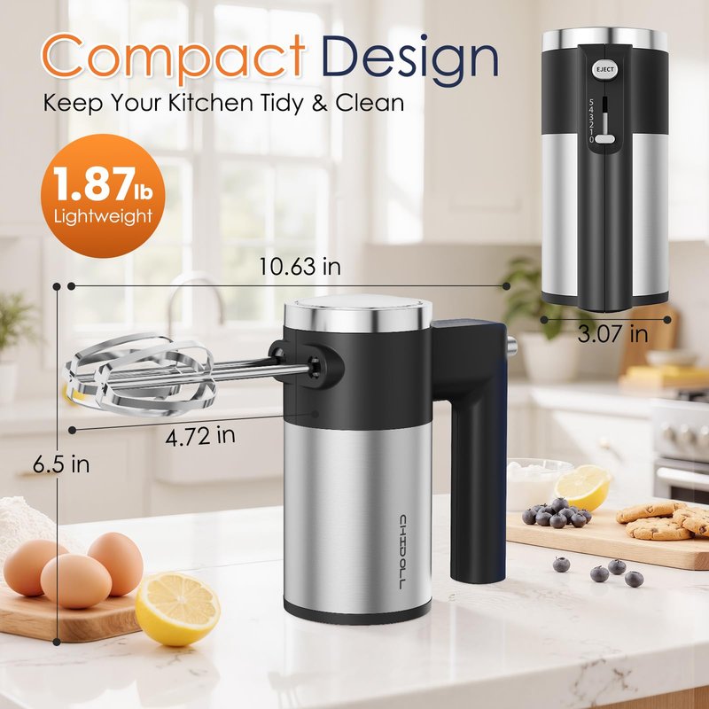 CHIDOLL 600W Hand Mixer, 5-Speed Electric Hand Held Mixer for Baking, Lightweight Stainless Steel Hand Beaters *2 & Dough Hooks*2 with Eject Button, Kitchen Mixer for Cream, Cookies, Dough