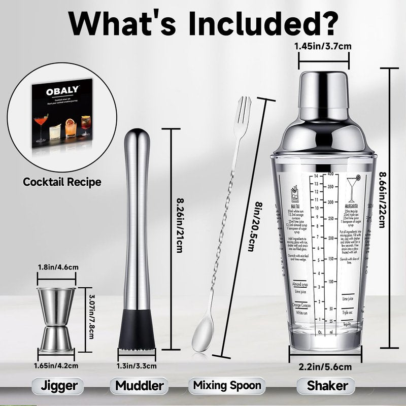 OBALY Glass Cocktail Shaker Stainless Steel Leak-Proof Lid Boston Shaker Martini Shaker Beginner Bartender Kit with Jigger 22oz Mixed Drink Shaker with Measurements Ice Shaker Mixing Glass Bar Tools