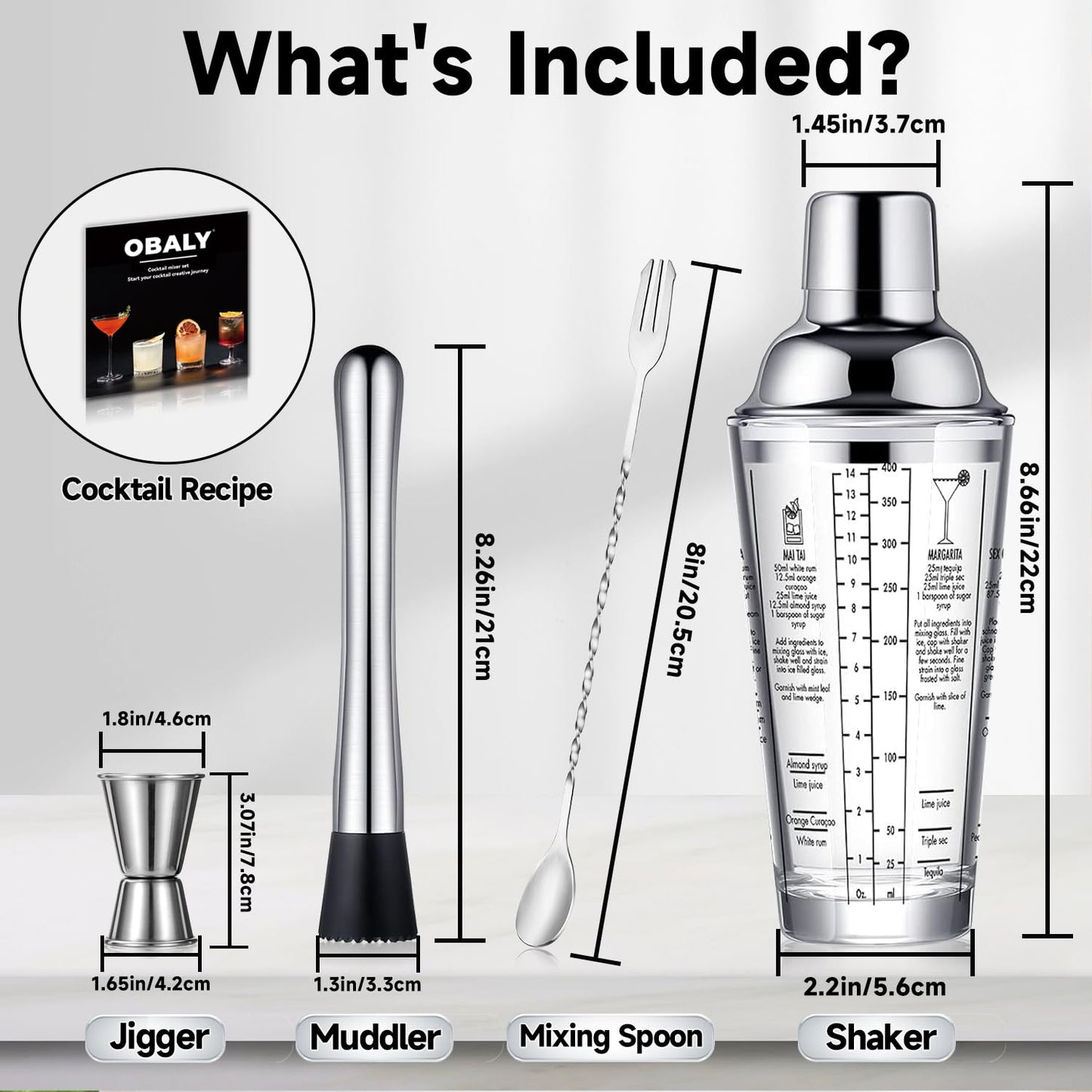 OBALY Glass Cocktail Shaker Stainless Steel Leak-Proof Lid Boston Shaker Martini Shaker Beginner Bartender Kit with Jigger 22oz Mixed Drink Shaker with Measurements Ice Shaker Mixing Glass Bar Tools