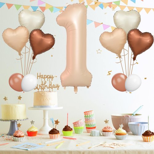 Biapian 40 Inch Light Brown Number 1 Balloon, Caramel Large Number One Balloon Digital with Cream Foil Heart Balloon for 1st Birthday Decorations first One Year Boys Girls Baby Shower Party Decor