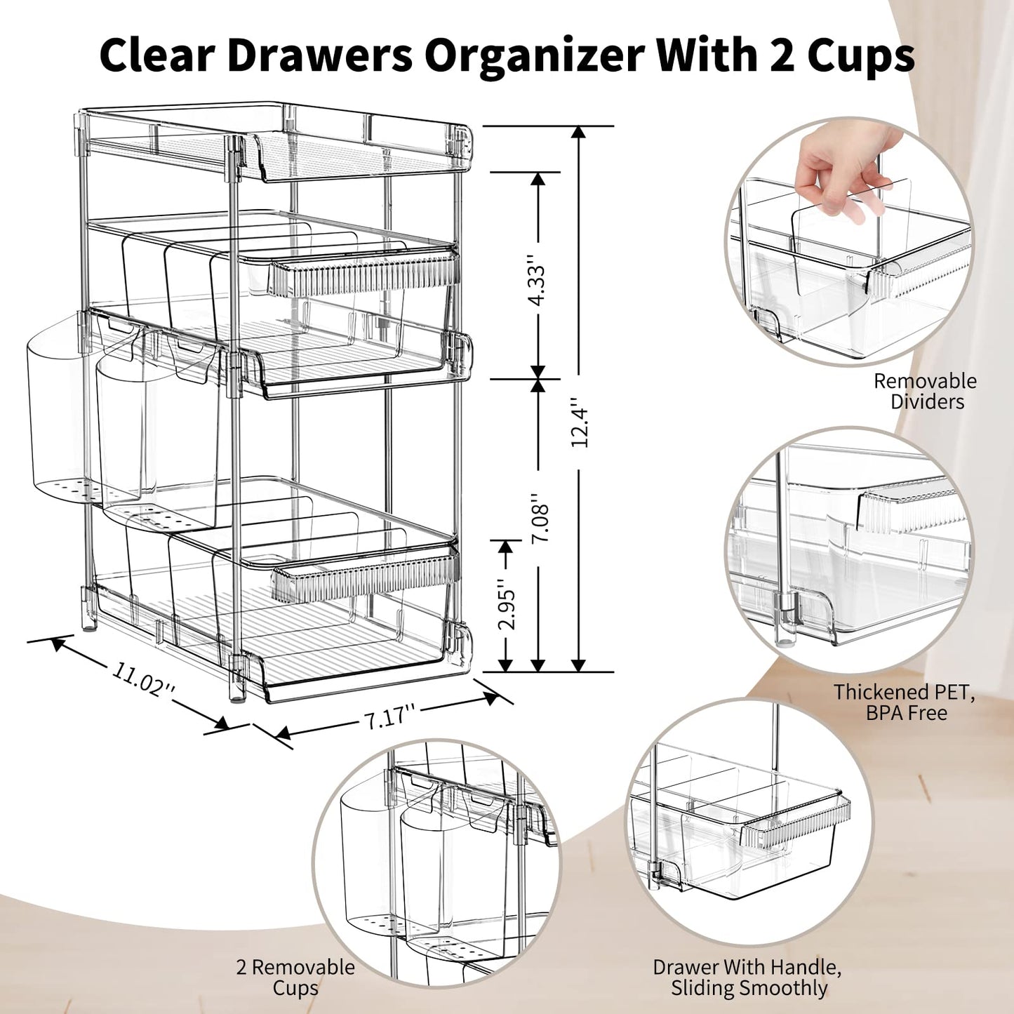 WAKISA Clear Bathroom Organizers 2 Sets 3 Tier, Stackable Under Kitchen Sink Organizers and Storage with 12 Dividers, acrylic pantry organizers shelf, Multi Purpose Pull Out Home Organizer with 2 Cups
