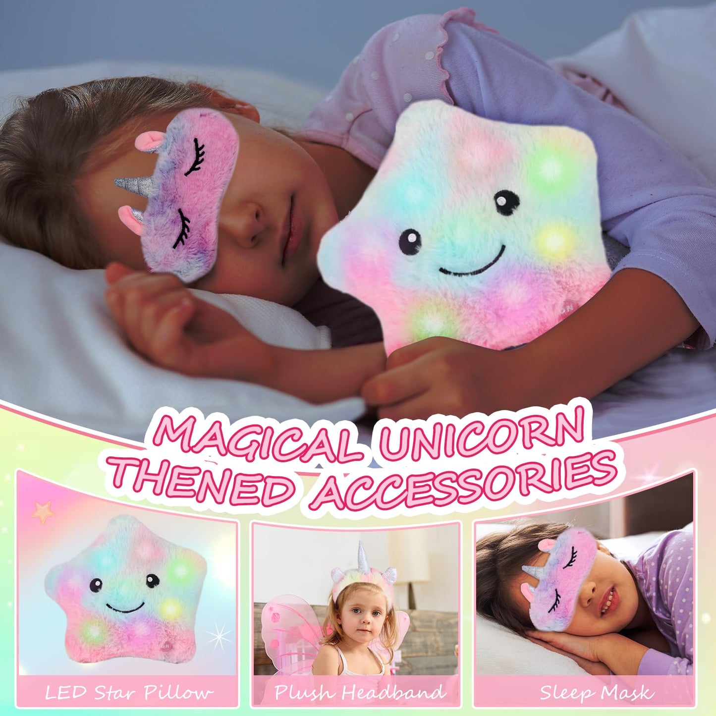 Ingbear Unicorn Toys for Girls Age 4-6 7 8, Girls Birthday with Light Up Plush Stars Pillow/Crossbody Bag/Water Bottle/Headband/Soft Plush Toys Set