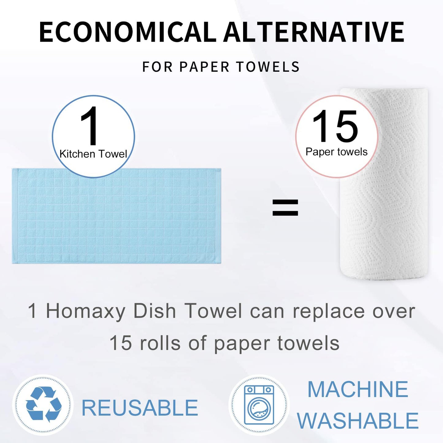 Homaxy 100% Cotton Terry Kitchen Towels(Sky Blue, 13 x 28 inches), Checkered Designed, Soft and Super Absorbent Dish Towels, 8 Pack