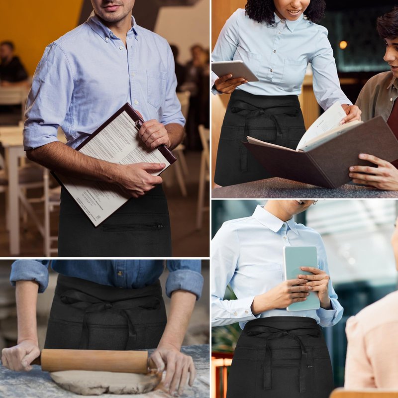 NLUS 2 Pack Server Apron with 8 Pockets, Water-Resistant Waiter Waitress Waist Half Apron for Women Men, 12 x 24 Inch - Black