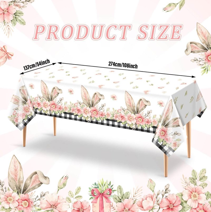 Vanulus 3PCS Spring Bunny Buffalo Plaid Tablecloth Disposable Waterproof Rectangular Bunny Ear Foot Flower Easter Plastic Table Cloth for Happy Easter Party Decorations Supplies 54x108 inch