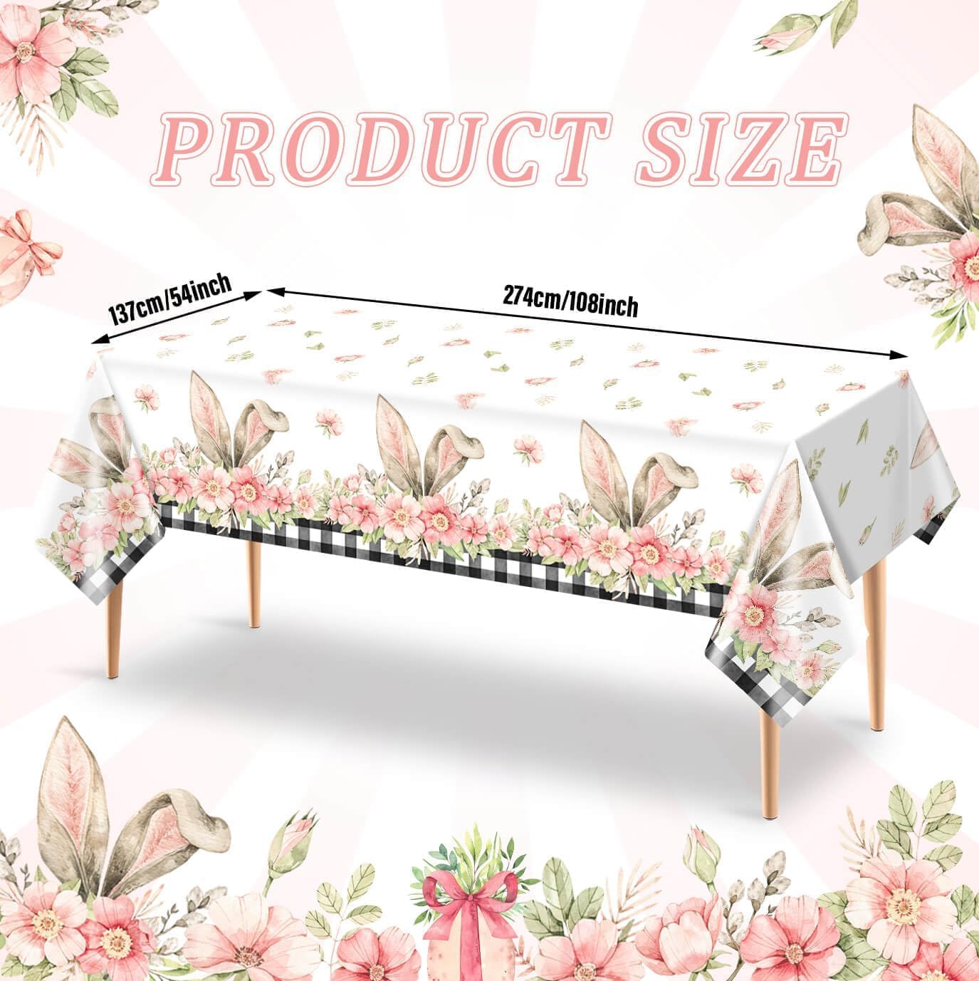 Vanulus 3PCS Spring Bunny Buffalo Plaid Tablecloth Disposable Waterproof Rectangular Bunny Ear Foot Flower Easter Plastic Table Cloth for Happy Easter Party Decorations Supplies 54x108 inch