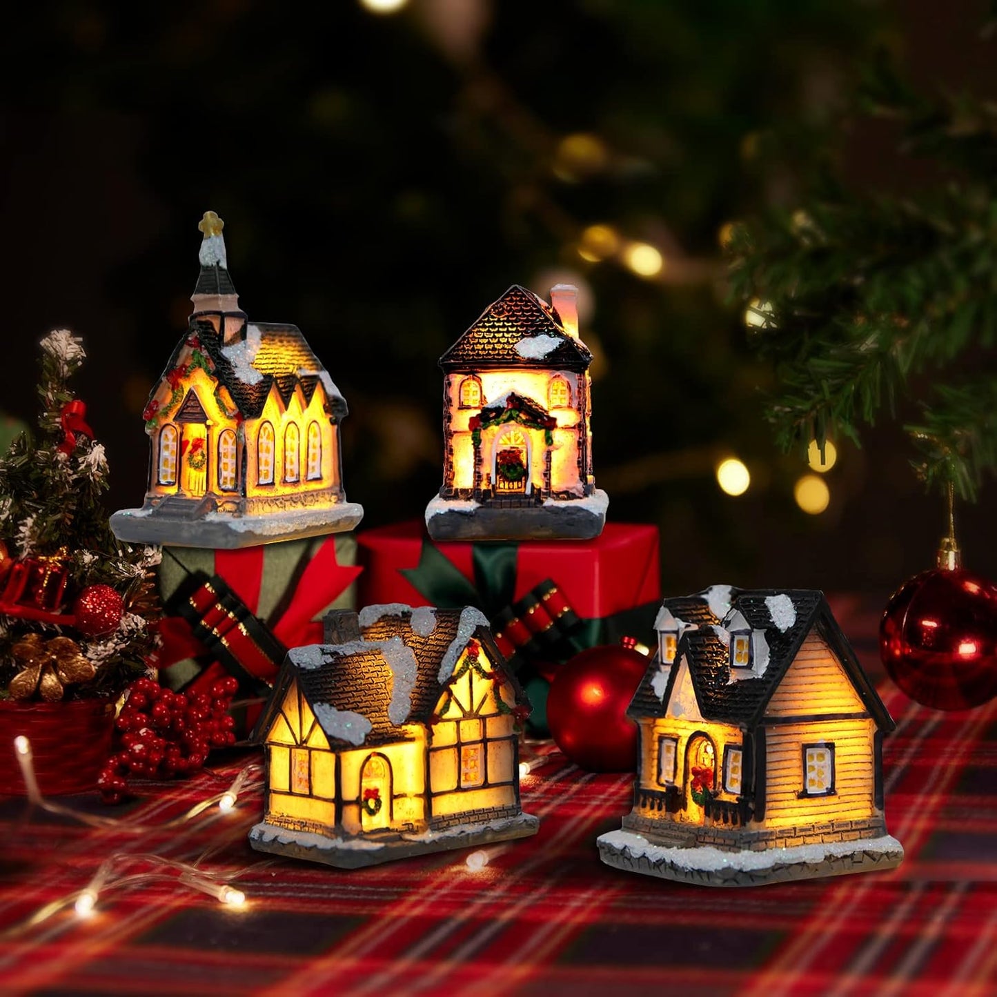 Skiennix Christmas Village House Set - 4 Pcs Resin Collectible Buildings with LED Lanterns for Holiday Decor