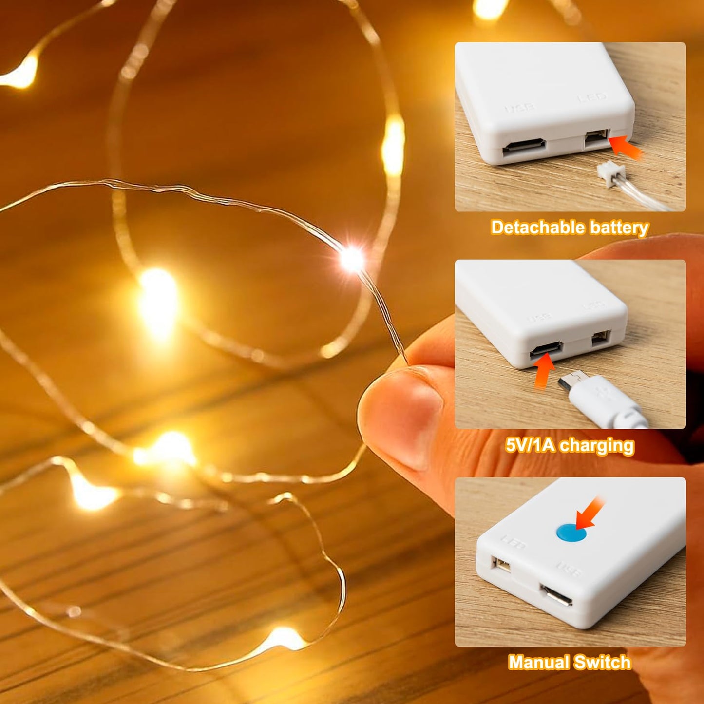 17FT 100LEDs Rechargeable Photo Clips String Light,Remote Control,3 Off Timer,Tangle-Free,Detachable Battery Operated Fairy Lights,Dorm Room Essential for Girl,Christmas(Cool+Warm White,1Pack)