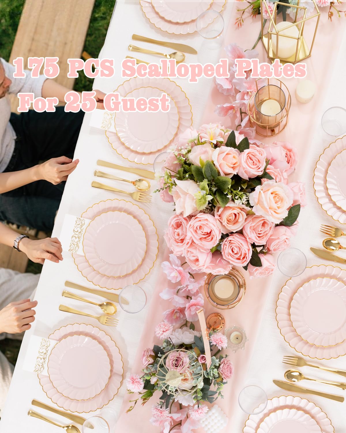 YOUBET 175PCS Pink Scalloped Plastic Plates - Gold Disposable Dinnerware Set Include 50 Plates, 75 Gold Silverware, 25 Cups, 25 Napkins for Party & Wedding & Baby Shower Mothers Day