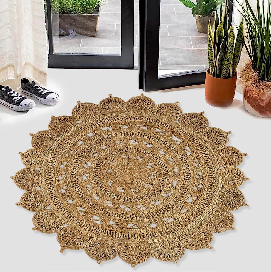 GRUHUM Handwoven Jute Area Rug 4 feet Round Natural Fiber Boho Soft Braided Rustic Vintage Beige Reversible EcoFriendly Rugs Farmhouse Indoor Kitchen Bedroom Living Room Hallways (4'Round)