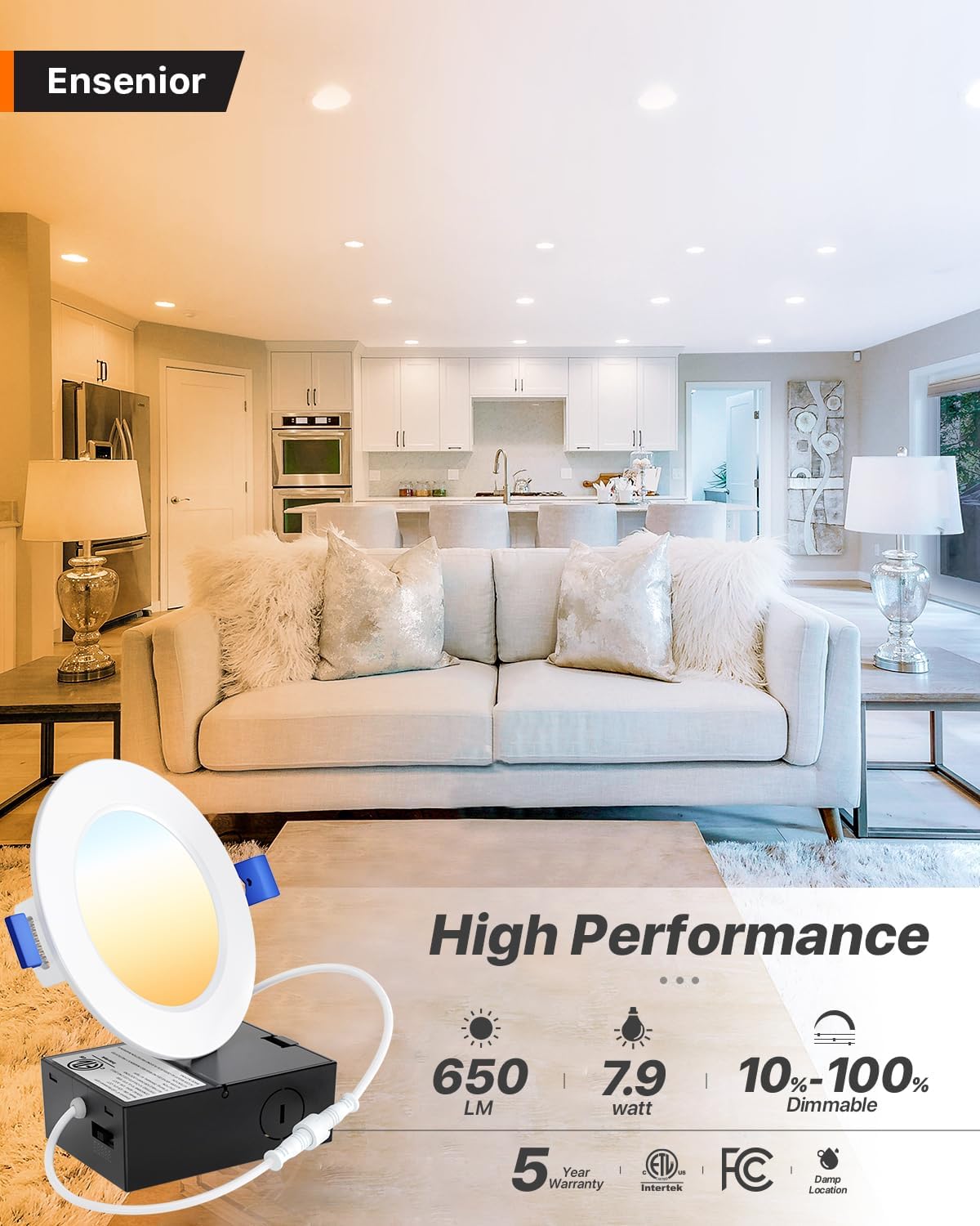 Ensenior 6 Pack 4 Inch Ultra-Thin LED Recessed Wafer Light with Junction Box, 2700K/3000K/3500K/4000K/5000K - 5CCT Selectable, 7.9W Eqv 65W, Dimmable Ceiling Downlight, 650LM High Brightness - FCC&ETL