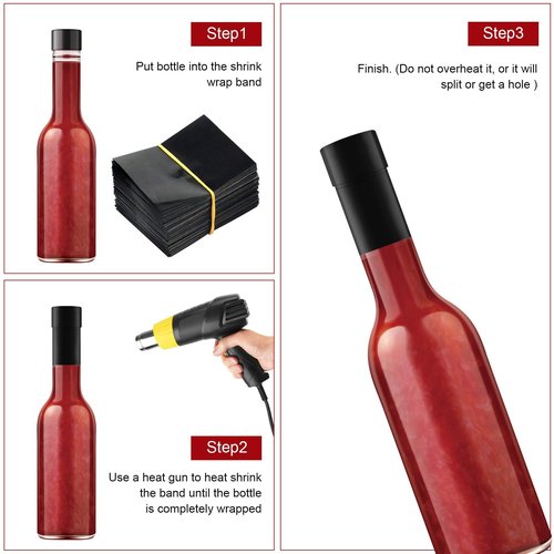 Black Shrink Bands,50x60mm 200 Pieces Black Shrink Wrap for Hot Sauce Bottles and Other Liquid Bottles Fits 3/4" to 1" Diameter