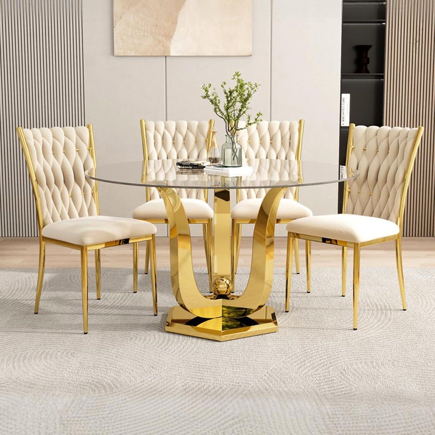 47.2" Round Glass Dining Table for 4-6, Modern Dining Room Table with Circular Tempered Glass Tabletop, Kitchen Table with Stainless Steel Frame for Dining Room, Kitchen, Apartment, Dwelling (Golden)