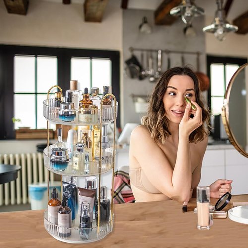 Asayuee 360° Rotating Makeup Organizer - Large 3-Tier Storage for Skincare & Cosmetics | Clear Finish