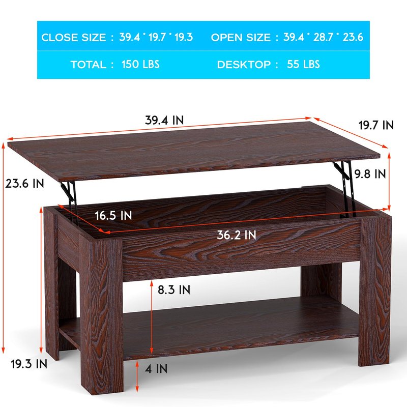 FDW 39 inch Lift Top Coffee Table with Hidden Storage Compartment & Lower Shelf,Coffee Table with Lift Top for Living Room,Home Small Space,Espresso