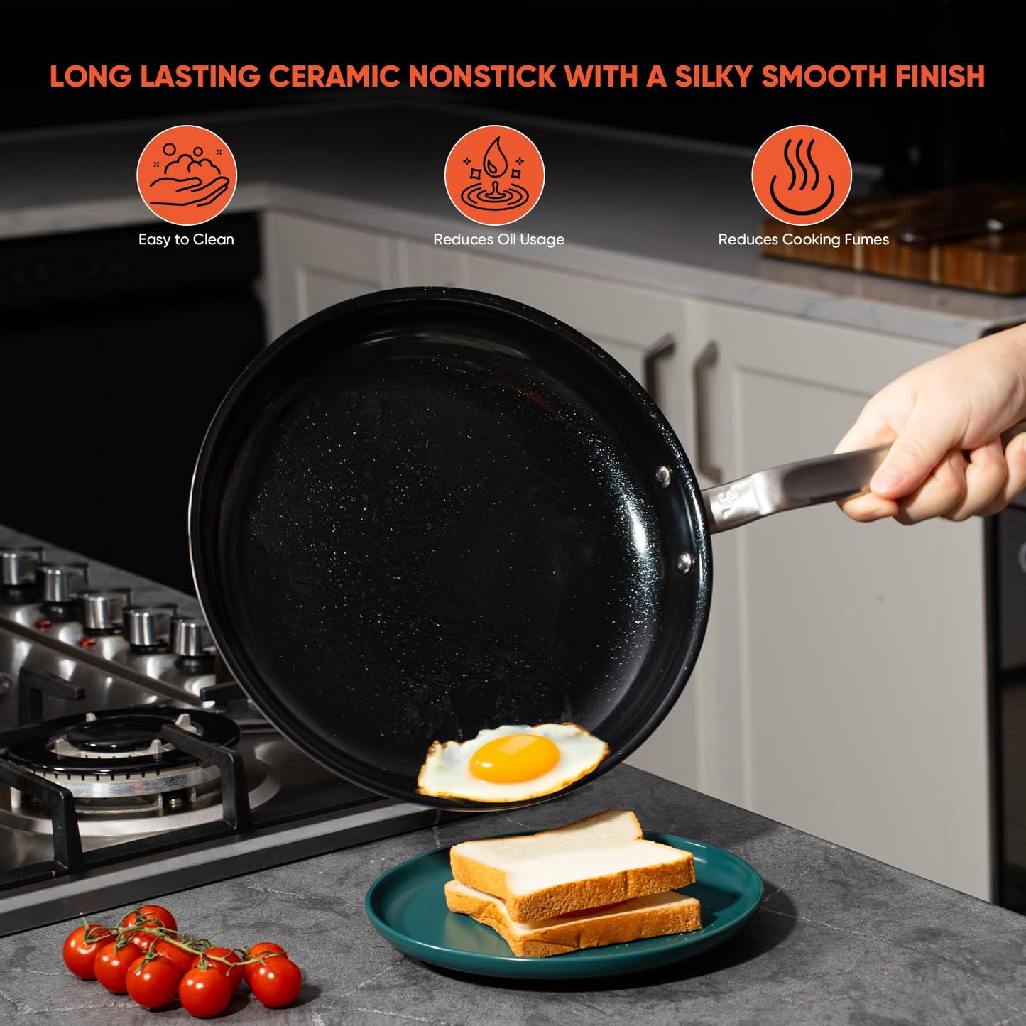 GLOBEHOME 5 Ply Ceramic Non Stick Frying Pans - 10 Inch Stainless Clad Nonstick Skillet, Non Toxic, PTFE & PFOA FREE, Professional Cookware for Induction, All Stoves and Oven up to 650°F