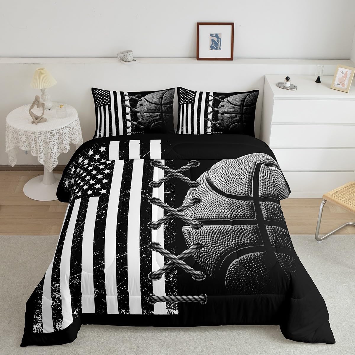 jejeloiu Baseball Comforter Set Twin Size Kids Camo American Flag Comforter for Boys Girls Teens Camouflage Bedding Set Breathable Baseball Games Duvet Set Room Decor Quilt Set