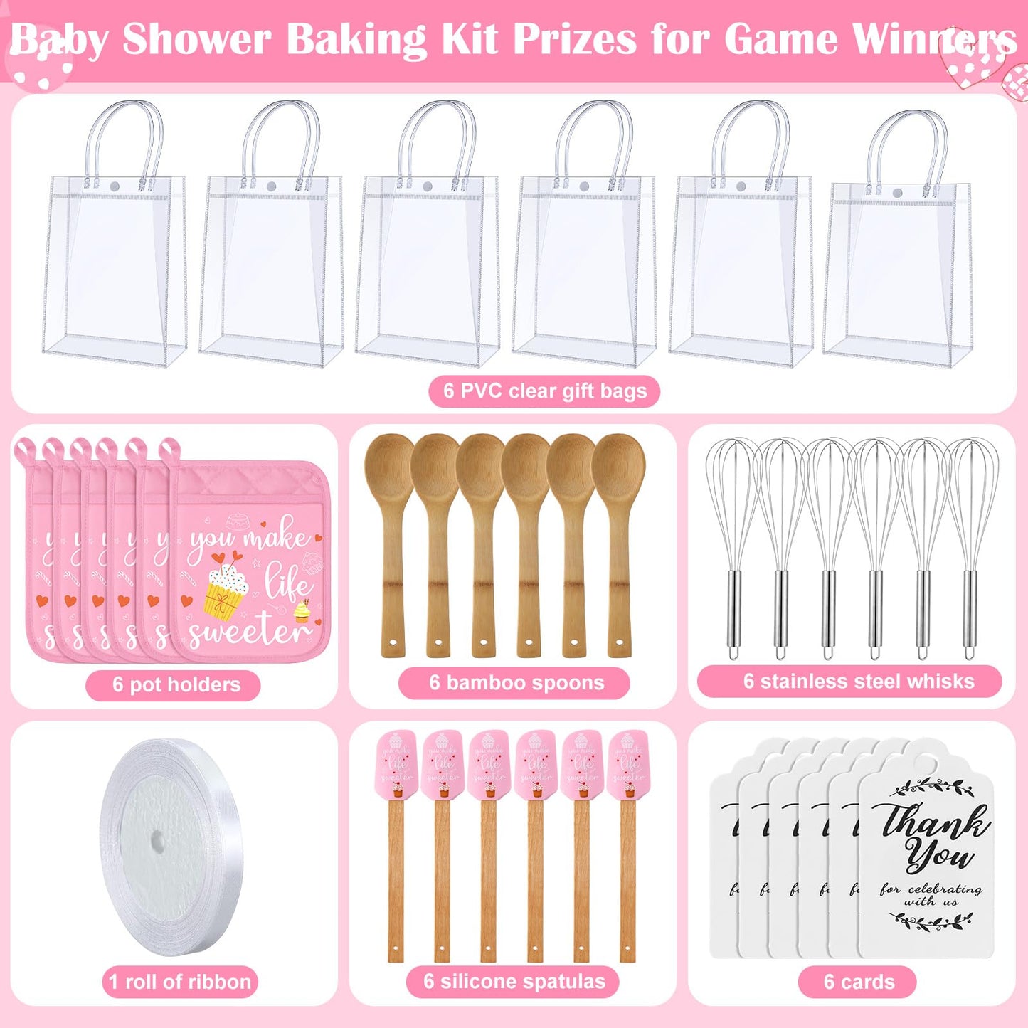 Teenyyou 6 Sets Baby Shower Prizes for Game Winners Potholder Silicone Spatula Bamboo Spoon Whisk Gift Bag Baking Set Gifts for Guests Games Prize Baby Shower Wedding Bridal Shower Favors