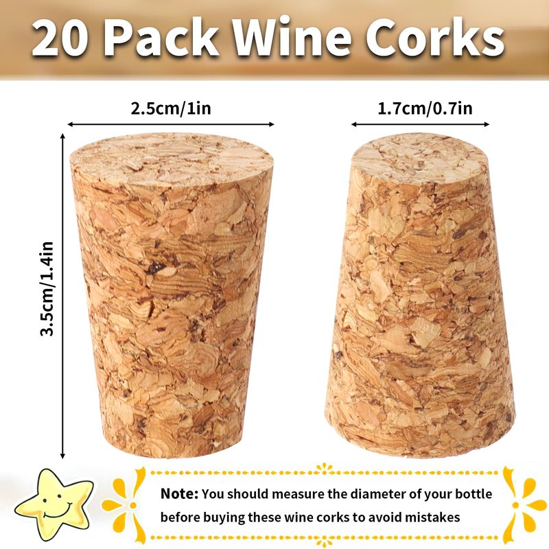 Wine Corks, Natural Soft Wood Wine Bottle Corks, Leakproof Tapered Corks, 20 Pack Wooden Replacement Wine Stoppers for Wine Beer Liquor Bottles, DIY Crafts