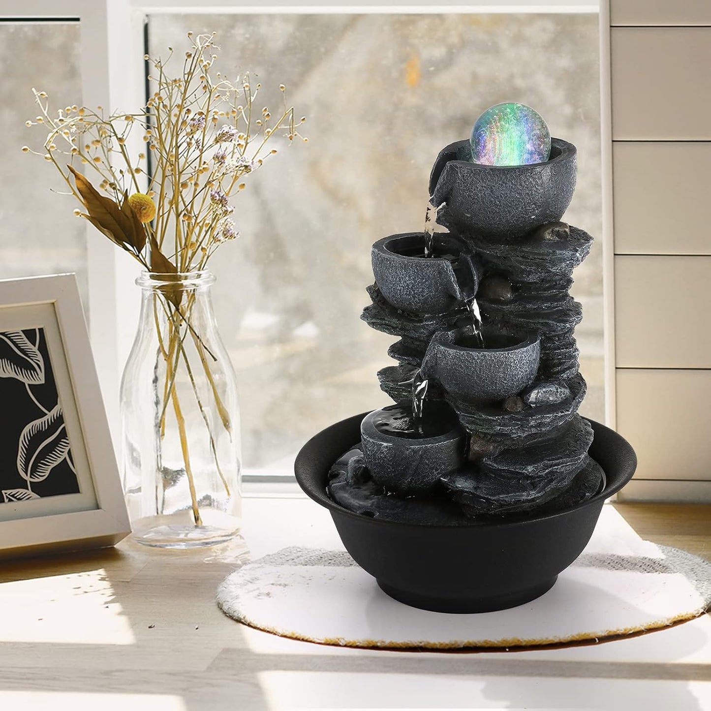 Dyna-Living Water Fountains Indoor Tabletop Fountain with Pump Waterfall Fountain Indoor Coloured LED Lights Desk Water Fountains for Home Office Decor Style 1