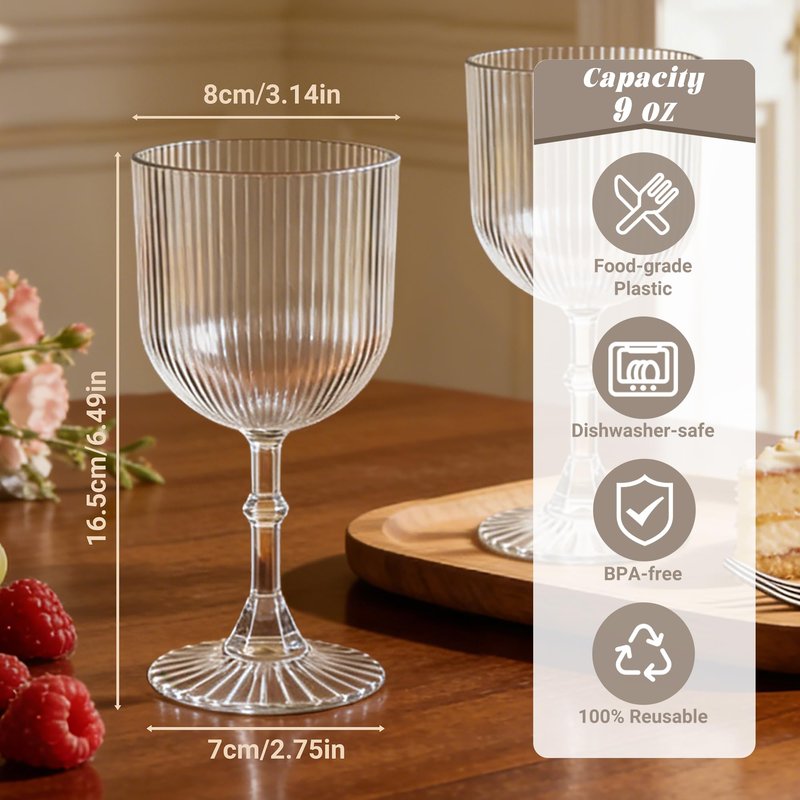 LEYIQU Plastic Goblets, 9oz Ribbed Acrylic Wine Glasses, Vintage Drinking Glasses with Stem, Unbreakable Reusable Disposable Water Goblets Bulk for Parties Weddings Dinner Easter (Clear, 12pcs)