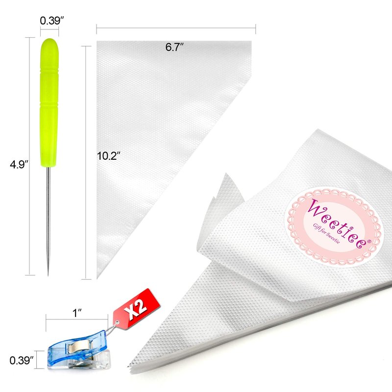 Weetiee Tipless Piping Bags - 100pcs 12-Inch Disposable Piping Pastry Bag for Royal Icing/Cookies Decorating - Best Frosting Icing Bags Cookie/Cake Decorating Tools - Bonus 2 Clips &1 Scriber Needle