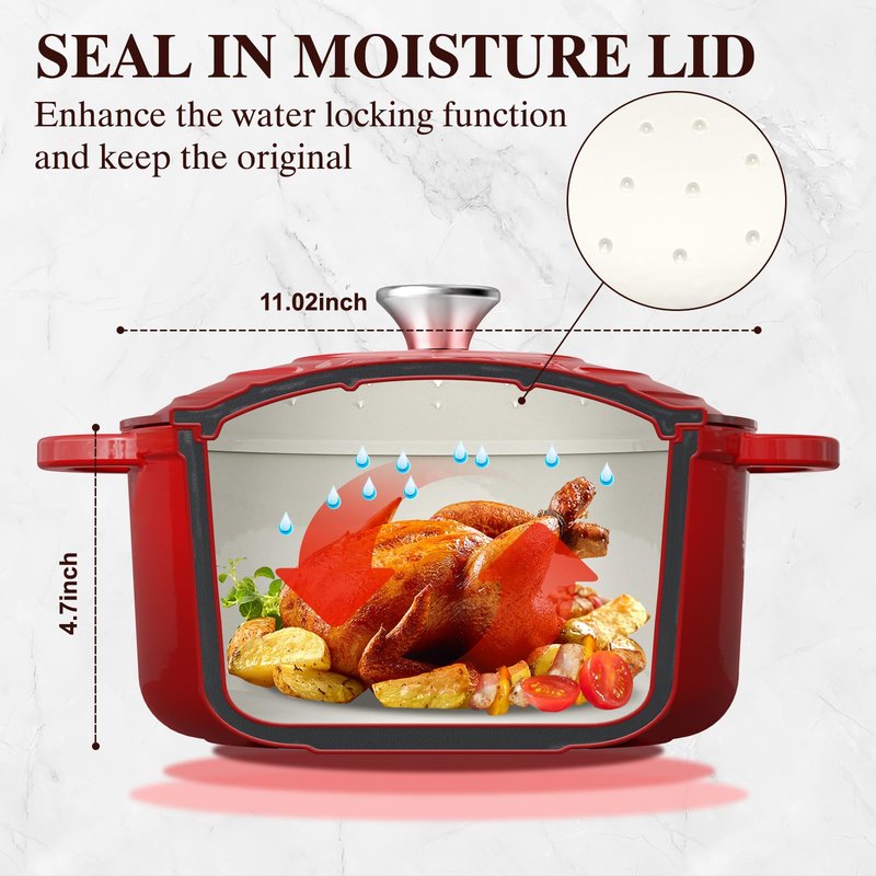 Umite Chef 7QT Enameled Cast Iron Dutch Oven with Lid & Cotton Potholders–Heavy-Duty Cookware for Bread Baking, Braising, Stews, Marinate, Cook(Red)