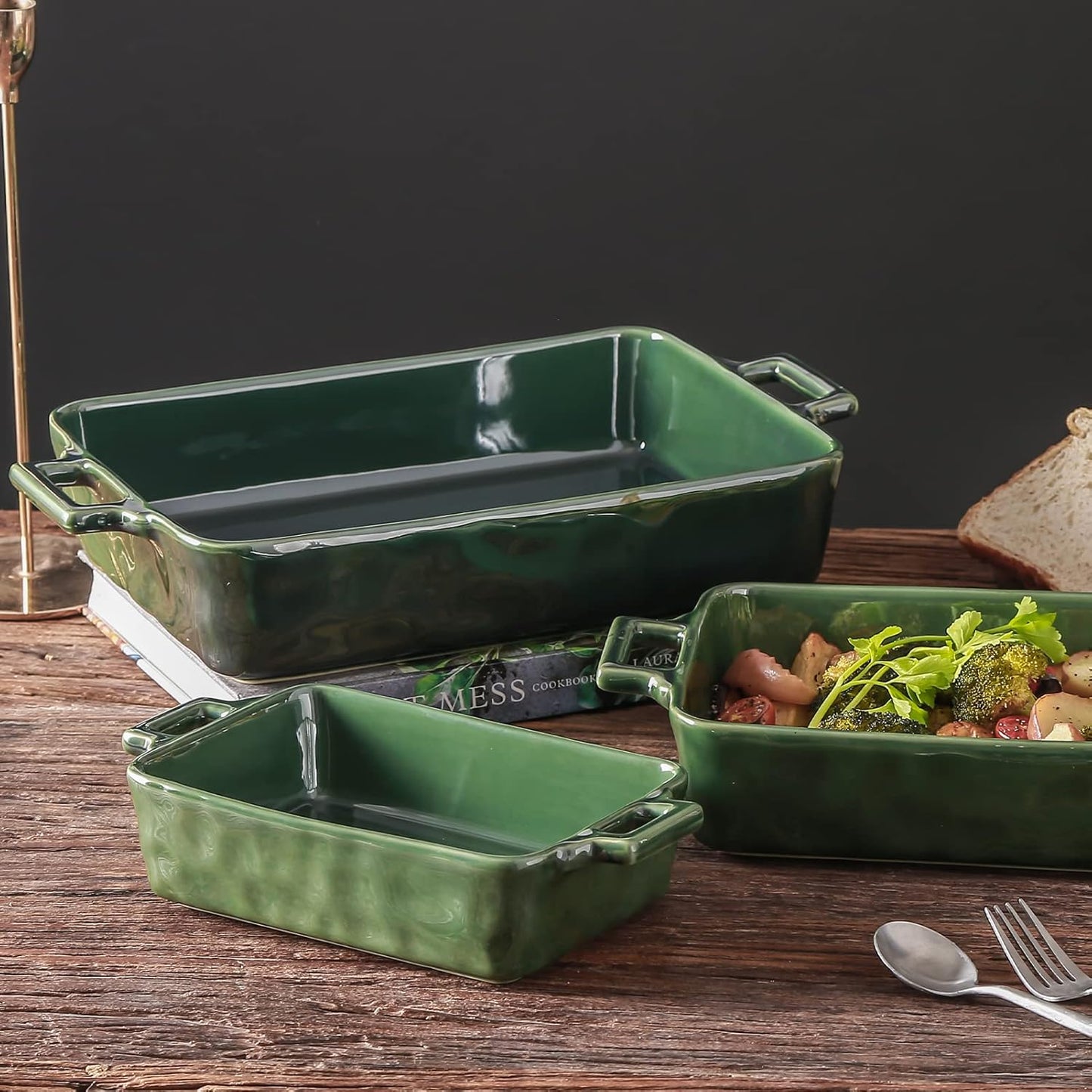 VICRAYS Ceramic Bakeware Set - Porcelain Rectangular Baking Dish for Lasagna & Casserole | 3-Piece, 15 x 8.5 Inches (Green)