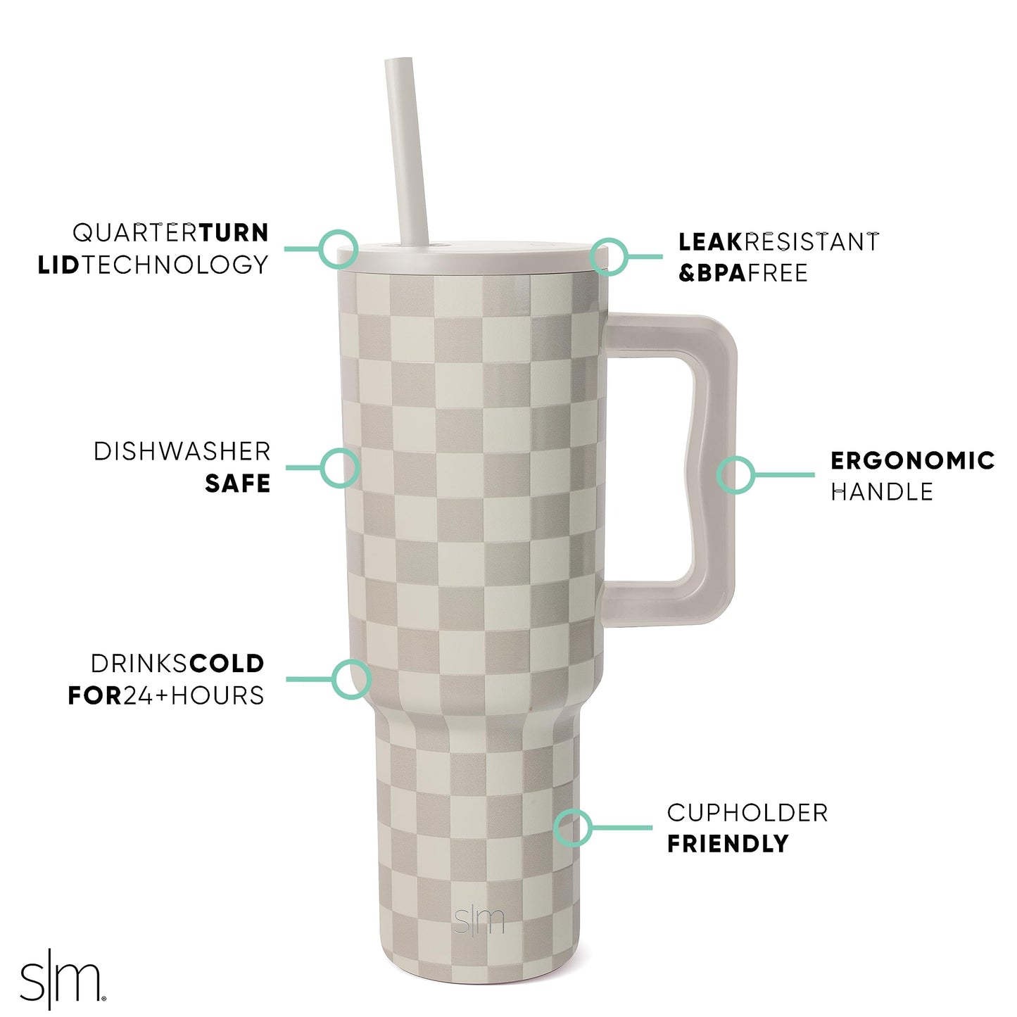 Simple Modern 40 oz Trek Tumbler with Handle and Straw Lid | Cup Holder Friendly Insulated Stainless Steel Travel Mug | Checkmate