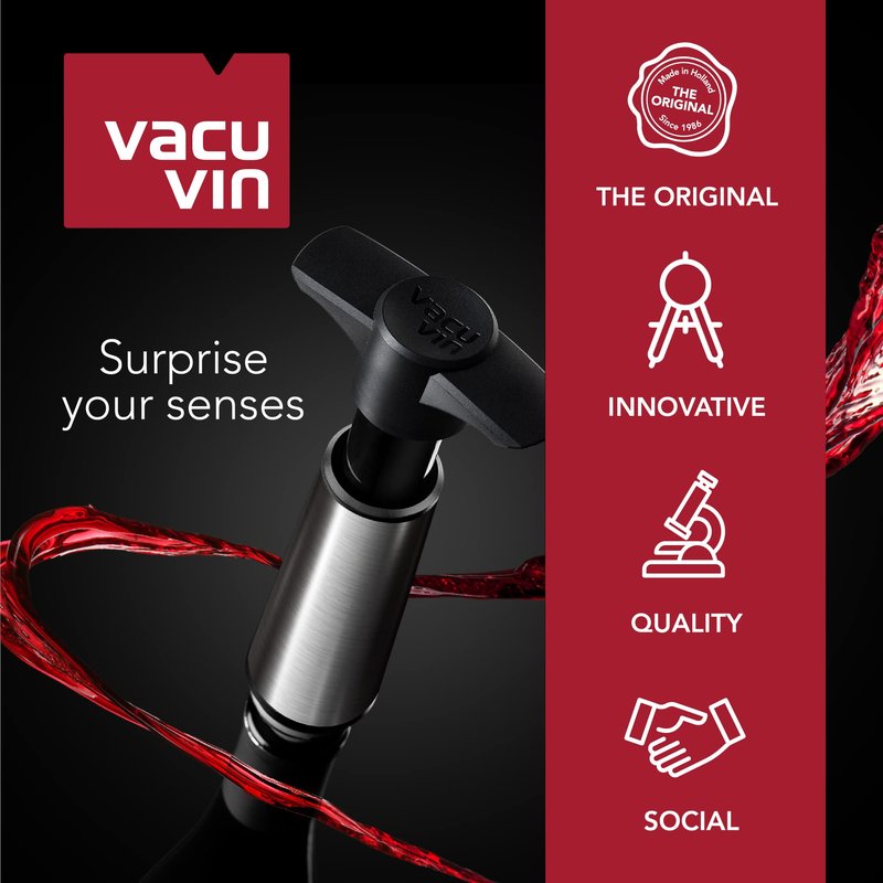 Vacu Vin Wine Saver Pump Pink with Vacuum Wine Stopper - Keep Your Wine Fresh for up to 10 Days - 1 Pump 4 Stoppers - Reusable - Made in the Netherlands