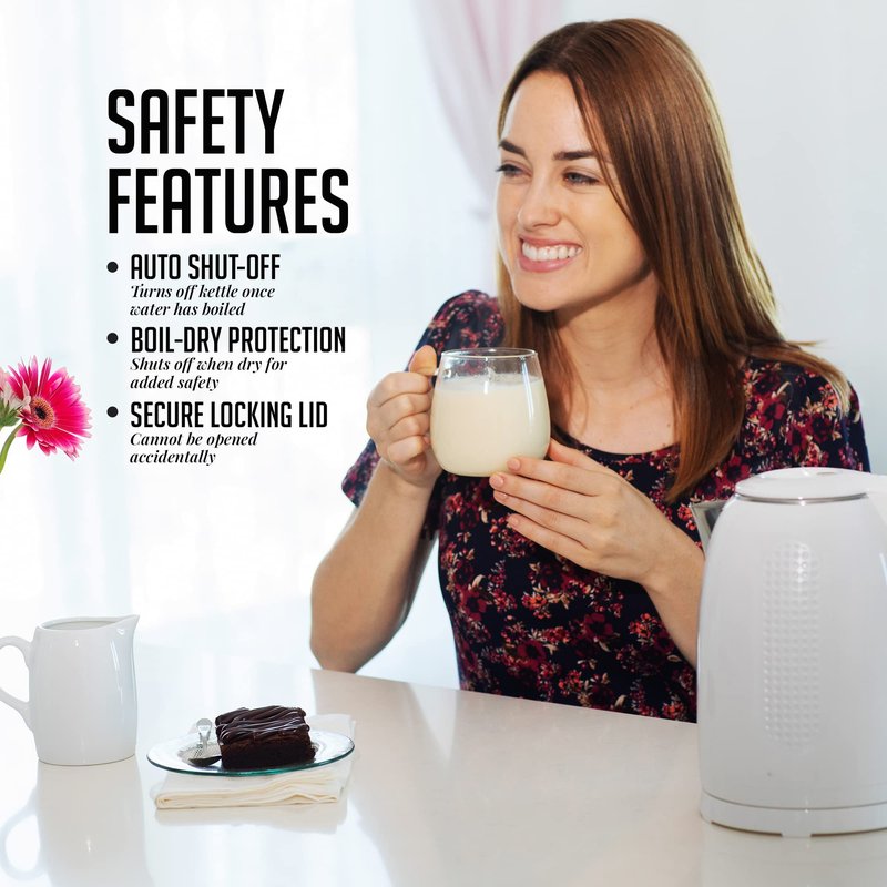 OVENTE 1.7L Double Wall Electric Tea Kettle, 1100W Water Boiler and Heater with Cool-Touch Exterior, Stainless Steel Insulated Interior, Auto Shut-Off, Boil-Dry Protection & Locking Lid, White KD64W