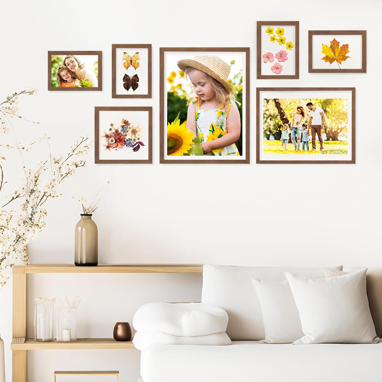 puthiac 10x10 Floating Picture Frames - 10"x10" Oak Wood Picture Frame, Double-Sided Floating Picture Frames 8x8,5x7,4x6, Dual High-Transparency Tempered Glass Wood Frame(Walnut, Set of 1)