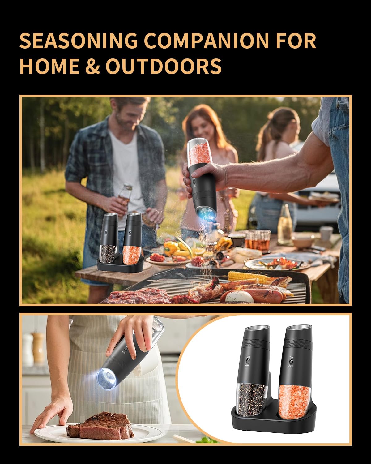 CIRCLE JOY Gravity Electric Salt and Pepper Grinder Set Automatic Shakers Upgraded Pepper Mill with Rechargeable Base, External Adjustable Coarseness, LED Light, Easy Refill for Kitchen & Outdoor
