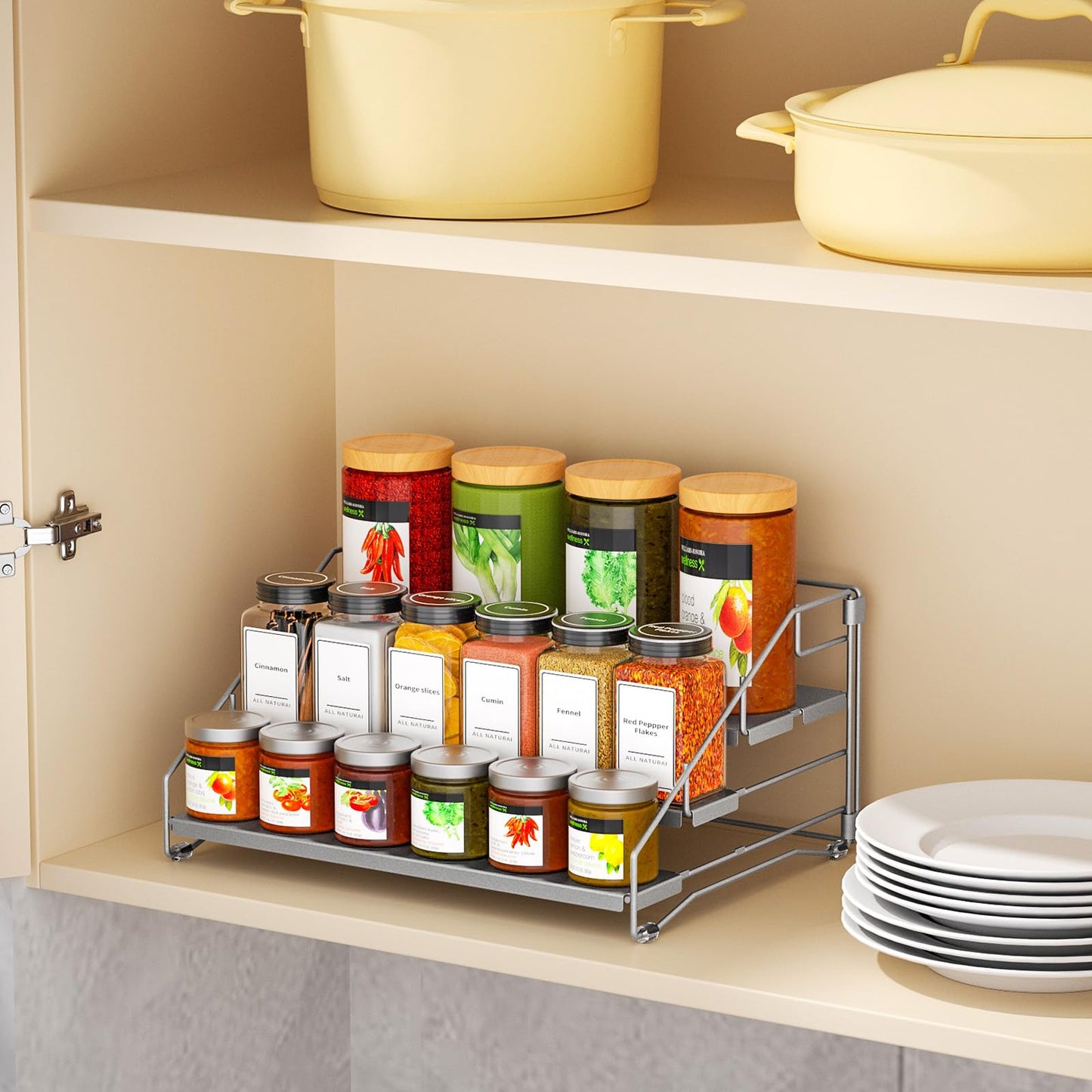 BOIVSHI 4 Tier Spice Rack for Cabinet, Spice Rack Organizer, Depth Adjustable Spice Organizer for Countertop, Cupboard, Pantry, Seasoning Shelf, Metal, Gray (1 Pack)